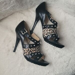 MICHAEL Michael Kors Black Leopard-Accent Studded Heel Sandal